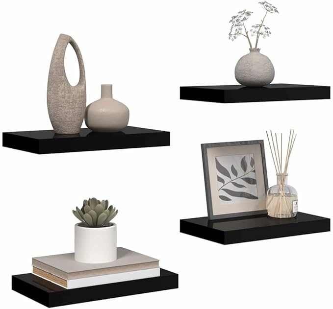 Set of 4 High Gloss Black Honeycomb MDF Floating Wall Shelves Modern Display Storage for Home Office Decor