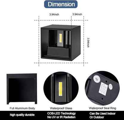 12W LED Wall Sconces Lights Modern Black LED Wall Lamp Set of 2,Up and Down Square 3000K Warm White Wall Lighting Fixtures for Indoor/Outdoor,Living Room,Bedroom,Hallway 3.94in*(2 Pack)