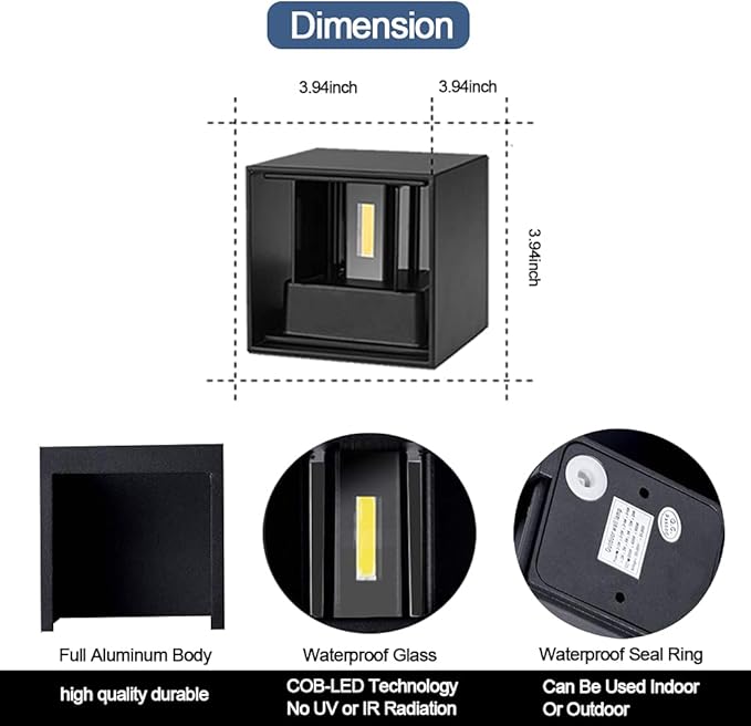 12W LED Wall Sconces Lights Modern Black LED Wall Lamp Set of 2,Up and Down Square 3000K Warm White Wall Lighting Fixtures for Indoor/Outdoor,Living Room,Bedroom,Hallway 3.94in*(2 Pack)