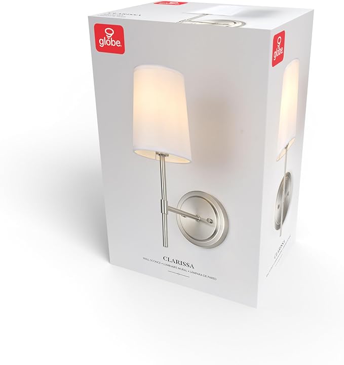 Globe Electric 51858 Clarissa 1-Light Wall Sconce, Brushed Nickel, White Fabric Shade, Bulb Not Included