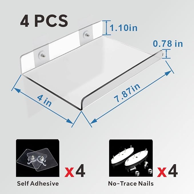 4-Pack Clear Acrylic Floating Shelves with Adhesive & No-Trace Nails - Ultimate No Drill Wall Mounted Display & Storage Organizer for Bathroom, Bedroom, Living Room, Office, 7.87