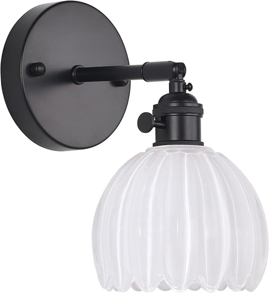 Vintage Wall Sconce with White Tulip Glass Lampshade 180 Degree Adjustable Black Sconce Hradwired Modern Wall Lighting Fixture with Switch for Bedside Bedroom Doorway