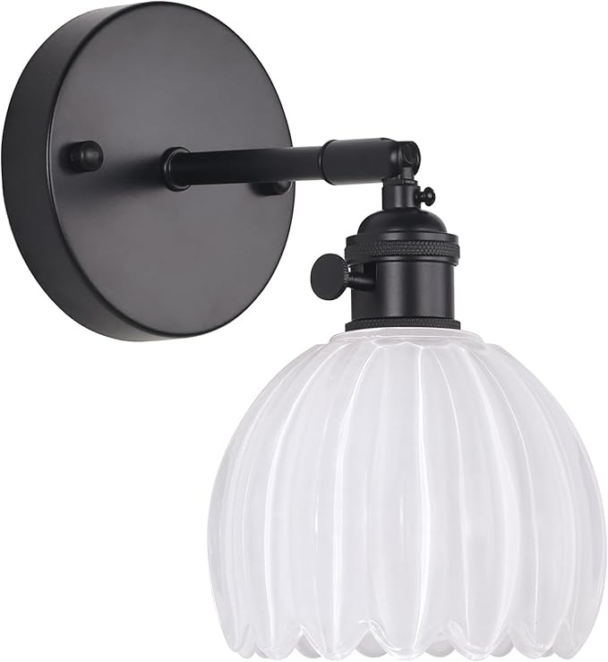 Vintage Wall Sconce with White Tulip Glass Lampshade 180 Degree Adjustable Black Sconce Hradwired Modern Wall Lighting Fixture with Switch for Bedside Bedroom Doorway