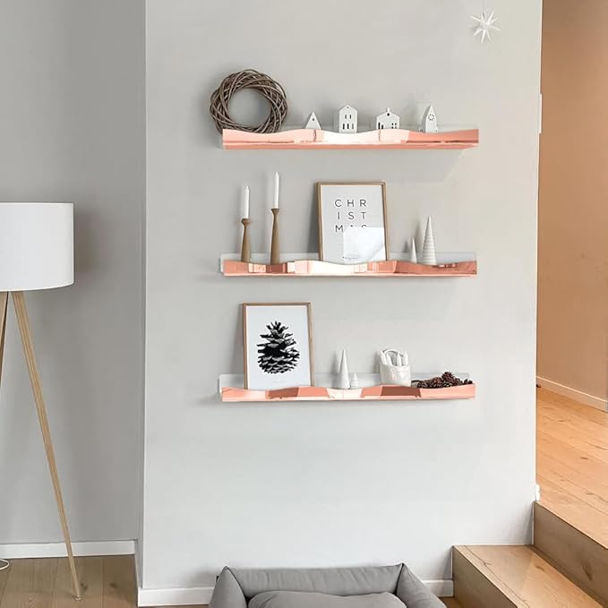 YMVV 15.7 in Large Rose Golden Reflective Acrylic Mounted Floating Shelf, Perfume Organizer Shelf, Modern Bathroom Storage Toy Display Organizer Decor 4 Pack