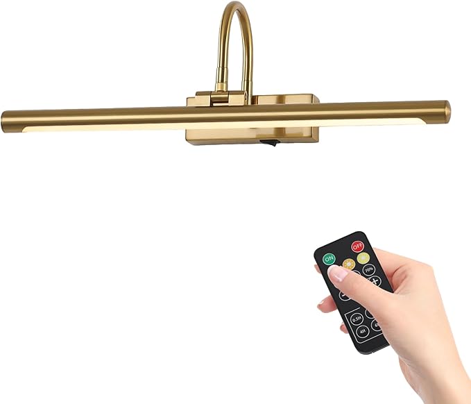 20" Wireless Battery Operated Picture Light for Wall Brass Gold Rechargeable Wall Light with Remote and Timer 9000mAh Art Light for Paintings 3CCT Dimmable Art Light for Pictures Display
