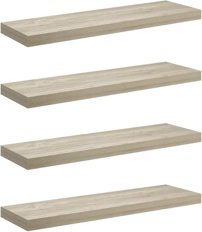 Set of 4 Oak Floating Wall Shelves, Honeycomb MDF with Metal Brackets, Modern Minimalist Design for Home Decor and Storage, 31.5x9.3 Inches, 22 lbs Capacity Each, Warm Oak