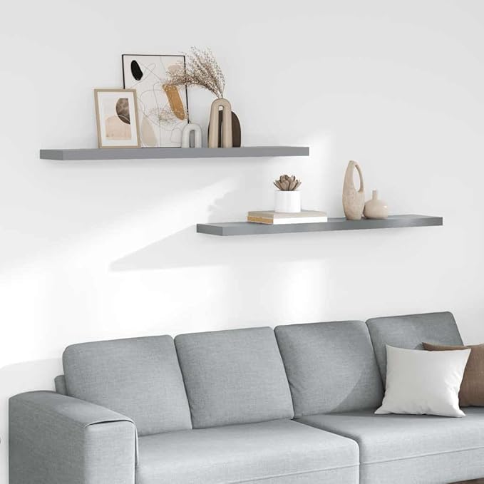 Set of 2 Gray Floating Wall Shelves, Honeycomb MDF and Metal Modern Shelving, 47.2 in x 9.3 in, Space-Saving Design for Living Room Bedroom Office, Durable and Easy