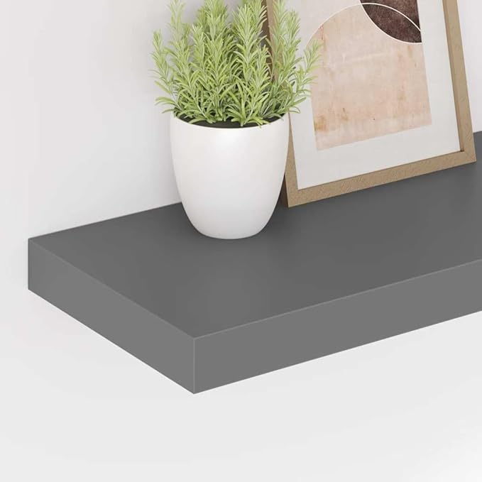 Glossy Gray Honeycomb MDF and Metal Floating Wall Shelf Set of 2, Modern Storage for Books and Decor, Sturdy Design with High-Gloss Finish