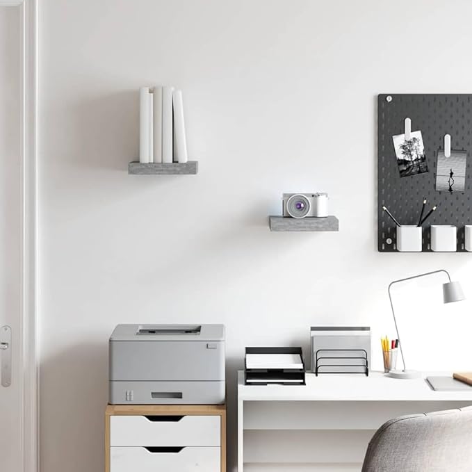 Concrete Grey Floating Wall Shelves Set of 2, Honeycomb MDF and Metal Modern Invisible Mounting System for Living Room Office Decor, Durable Display Shelf for Books
