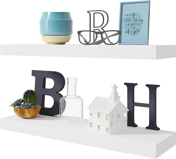 BAMEOS Floating Shelf,Wall Shelf,Decor Wall Mounted Shelves,Hanging Shelf Set L24xW6 for Bathroom Kitchen Living,Kitchen,Room Bedroom Storage,White | for Bathroom, Kitchen, Living, Room, Bedroom Storage