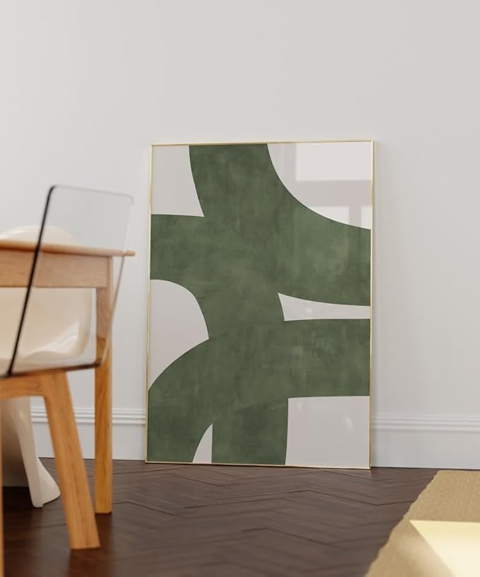 Nationcog Mid-Century Green Organic Lines Art, Modern Minimalist Wall Decor, Bold Beige Tones Contemporary Home Accent, Trendy Greenery Design (Unframed) (20x30)