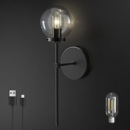 C03 Battery Operated Wall Sconce No Wired Rechargeable Wall Lamp with Clear Glass Shade Easy to Install Cordless Wall Light Fixtures for Bathroom Hallway Kitchen Mirror Black(Bulb Included)