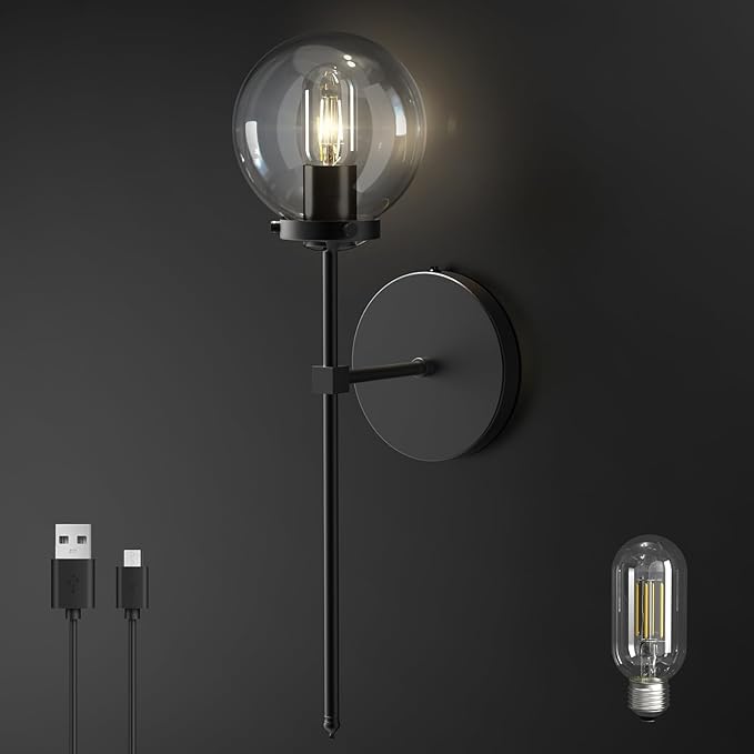 C03 Battery Operated Wall Sconce No Wired Rechargeable Wall Lamp with Clear Glass Shade Easy to Install Cordless Wall Light Fixtures for Bathroom Hallway Kitchen Mirror Black(Bulb Included)