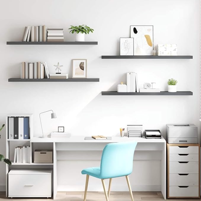 High Gloss Grey Floating Wall Shelf Set of 4, Honeycomb MDF and Metal Modern Shelves for Display and Storage, Invisible Mounting System, Sleek Minimalist Design for Living