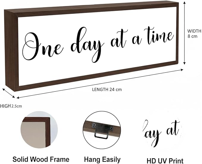 One Day At A Time Sign, Inspirational Wood Decor, Farmhouse Wood Block Sign Desk Decor, Tabletop Decorations for Home Office Cubicle Shelves, Aesthetic Wooden Wall Plaque