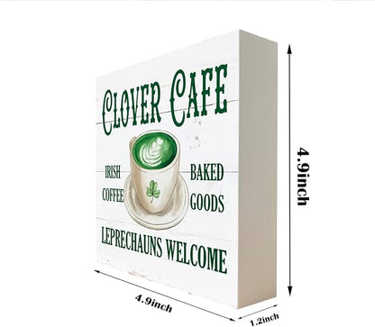 St. Patrick's Day Decor, Wooden Box Sign Desk Decor, White Wood Box Sign, Irish Home Decor, Kitchen Decor for Shelf, Farmhouse Wood Sign, Decor for Cafe Coffee Station, Clover Cafe Irish Coffee Sign