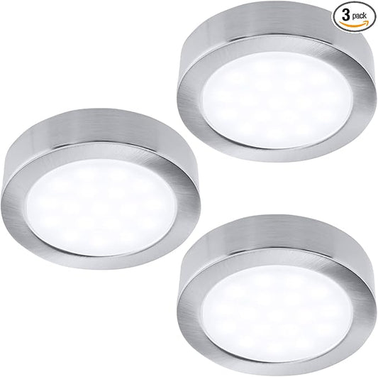 LUMILAND Wired LED Puck Lights 120V (2.7Wx3) Plug-in Lighting Warm White, LED Cabinet Light for Kitchen Can Be Surface Mount or Recess Mount, Satin Nickle