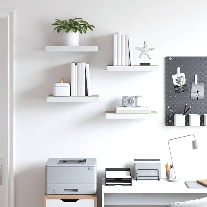 Wall Shelf Set of 4 Oak and White Honeycomb MDF Metal Medium, Floating Wall Shelves for Modern Home Storage and Display, Durable MDF Material with Clean Floating Design