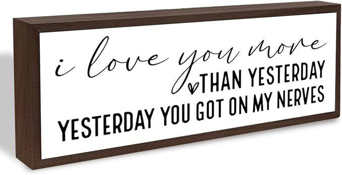 I Love You More Than Yesterday Sign, Love Wood Sign, Framed Wooden Block Signs, Farmhouse Home Decor for Shelves Counter, Romantic Bedroom Decoration, Gift for Husband Wife Boyfriend Girlfriend
