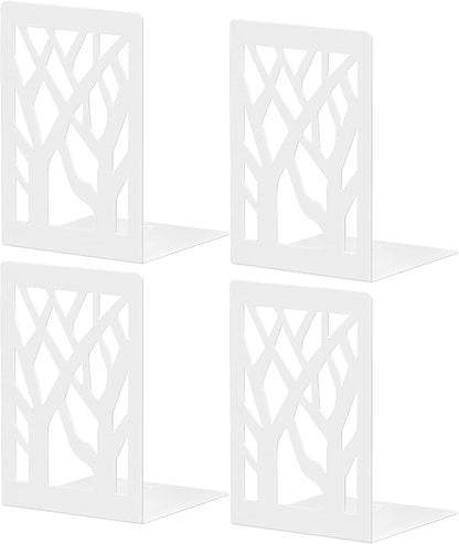 White Bookends 4 Pieces, Tree Design Modern Metal Bookends for Shelves, Unique Tree Book Ends Decorative Book Organizer for Desk, Decorative Shelve Book Stopper for Home Office