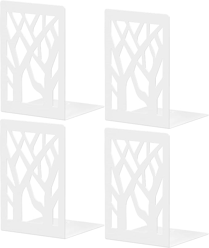 White Bookends 4 Pieces, Tree Design Modern Metal Bookends for Shelves, Unique Tree Book Ends Decorative Book Organizer for Desk, Decorative Shelve Book Stopper for Home Office