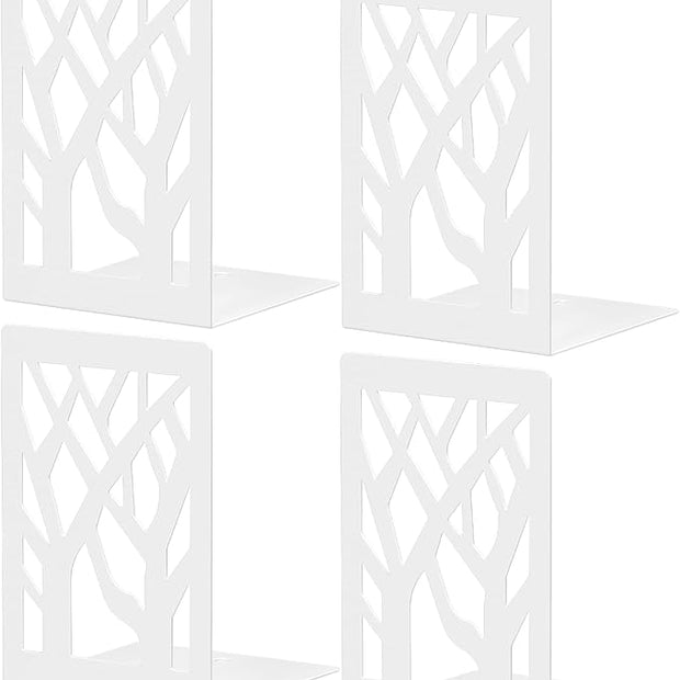 White Bookends 4 Pieces, Tree Design Modern Metal Bookends for Shelves, Unique Tree Book Ends Decorative Book Organizer for Desk, Decorative Shelve Book Stopper for Home Office