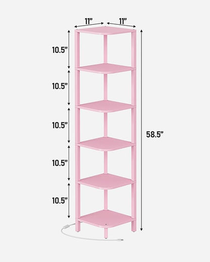 TUTOTAK Corner Shelf with LED Light, 6-Tier Corner Bookshelf for Small Space, Narrow Display Corner Shelf Stand with Storage Rack, for Living Room, Bedroom, Pink BS08BP006L