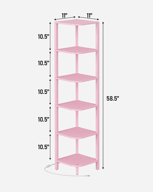 TUTOTAK Corner Shelf with LED Light, 6-Tier Corner Bookshelf for Small Space, Narrow Display Corner Shelf Stand with Storage Rack, for Living Room, Bedroom, Pink BS08BP006L