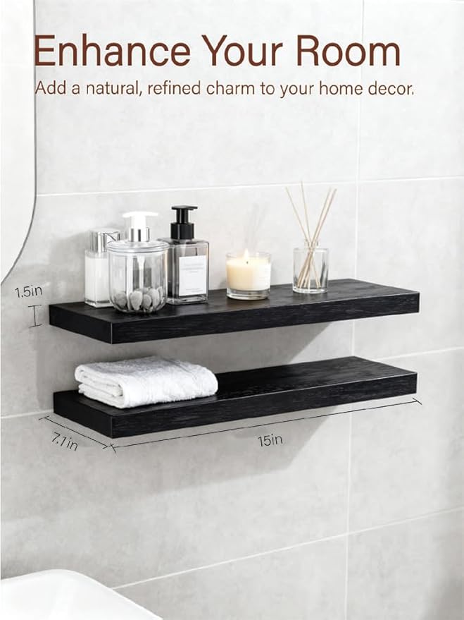 Solid Wood Floating Shelves,15in Finished Real Wood Wall Shelves with Heavy-Duty Hidden Bracket, Easy Installation, Set of 2, 15in x 7.1in x 1.5in, for Living Room Bedroom Kitchen,Black