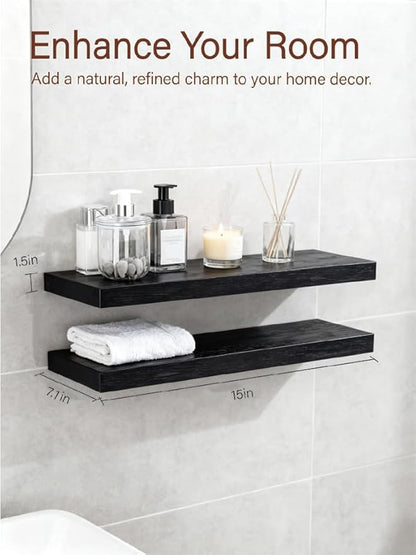 Solid Wood Floating Shelves,15in Finished Real Wood Wall Shelves with Heavy-Duty Hidden Bracket, Easy Installation, Set of 2, 15in x 7.1in x 1.5in, for Living Room Bedroom Kitchen,Black