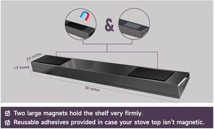 30" Magnetic Stove Top Shelf – Black Stainless Steel Spice Rack and Seasoning Organizer – Kitchen Shelf for Back of Stove – Over Stove Rack and Storage Organizer