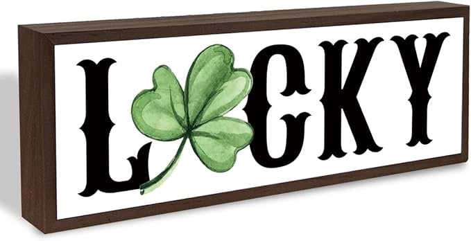 Lucky Wood Sign, Lucky Shamrocks Wooden Block Signs, Rustic Tabletop Decors, Happy St. Patrick's Day Decoration for Home Office, Housewarming Decor, Irish Gift for Women Men, 9.5x3.1x1 inches