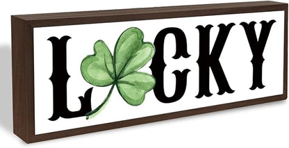 Lucky Wood Sign, Lucky Shamrocks Wooden Block Signs, Rustic Tabletop Decors, Happy St. Patrick's Day Decoration for Home Office, Housewarming Decor, Irish Gift for Women Men, 9.5x3.1x1 inches
