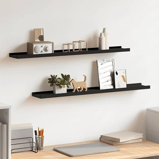 Black Frame Ledge Shelf Set of 2, 31.5 Inch Wall Mounted MDF Shelves for Photos and Decor, Modern Display Storage with Lacquered Finish