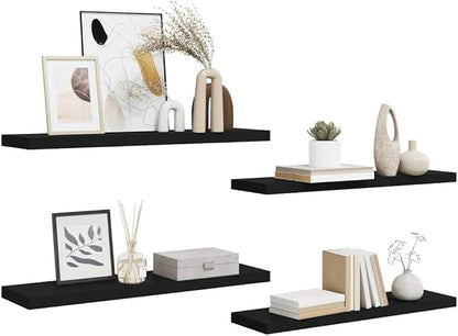 Set of 4 Black Honeycomb MDF and Metal Floating Wall Shelves for Modern Home Office Decor and Display