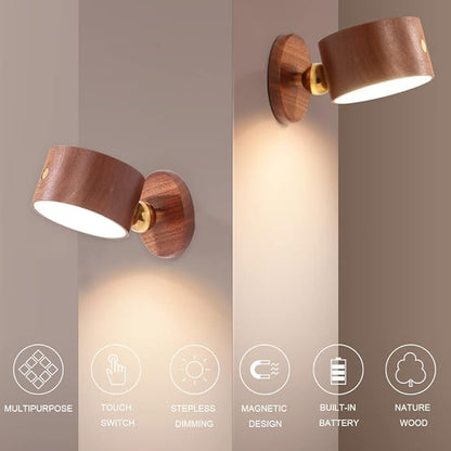 Led Wall Mounted Reading Lights, Wireless Wall Sconce with USB Charging Port Rechargeable Battery 360°Rotate Magnetic Ball Dimmable Touch Control, Lamps for Study Bedside(Sapele 2 PC)