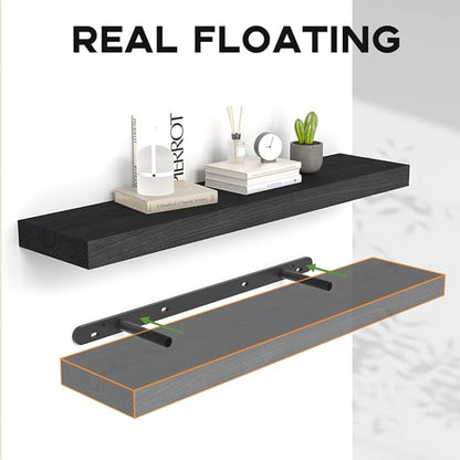 Habudda Floating Shelves, 35.5 Inches Wall Shelf for Rustic Home Decor, Bathroom, Bedroom, Kitchen, Natural Solid Wood, Invisible Bracket, 2 Pack