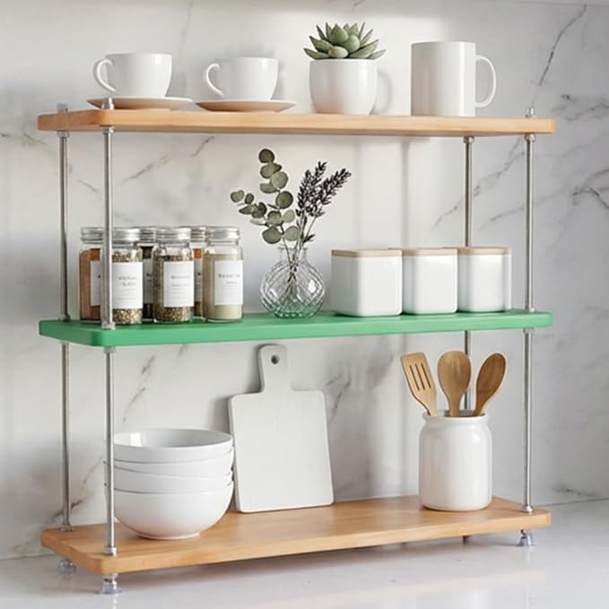 VINIUSIKI DIY Height-Adjustable 3 Tier Countertop Shelf Organizer, Kitchen Spice Rack for Countertop, Wood Coffee Counter Shelf Organizer for Home - 15.7"x5.7"x16.14" (LxWxH)