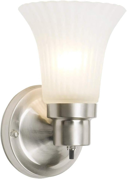 Design House Village Traditional 1-Light Indoor Dimmable Wall Sconce, Frosted Flute Glass, Twist On/Off Switch, Bathroom Bedroom Hallway, Satin Nickel, 8.25 in H x 5.1 in W, Uses 60W Bulb, 504977