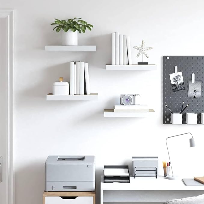 Wall Shelf Set of 4 Oak and White Honeycomb MDF Metal Floating Shelves for Modern Home Decor and Versatile Display Storage