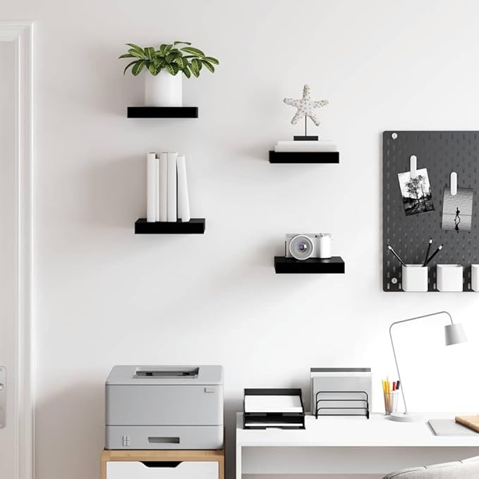 High Gloss Black Floating Wall Shelf Set of 4, Honeycomb MDF and Metal Small Shelves for Modern Home Decor, Display Organizer for Living Room Bedroom Office