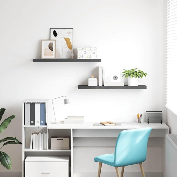 High Gloss Grey Floating Wall Shelf Set of 2, Honeycomb MDF and Metal Modern Storage for Bedroom Office, Invisible Mounting System, Easy to Clean, Space Saving, Durable