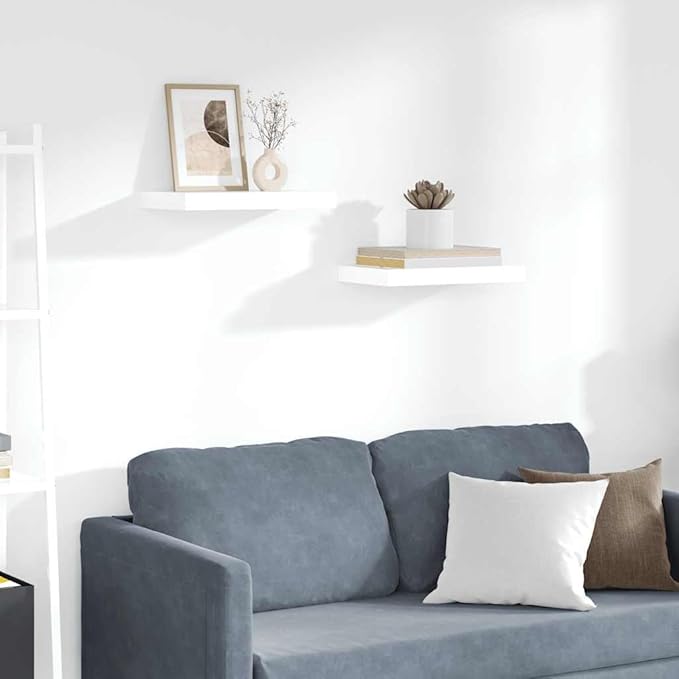 Set of 2 High Gloss White Honeycomb MDF Floating Wall Shelves with Metal Frame for Modern Home Decor and Stylish Display