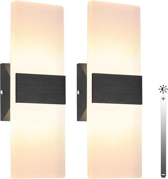 TRLIFE Dimmable LED Wall Sconces, Modern Wall Sconces Set of 2 Wall Mounted Lights 12W 3000K Warm White Hardwired Wall Sconce Lighting for Bedroom Bedside Bathroom Living Room Stairway(2 Pack, Black)
