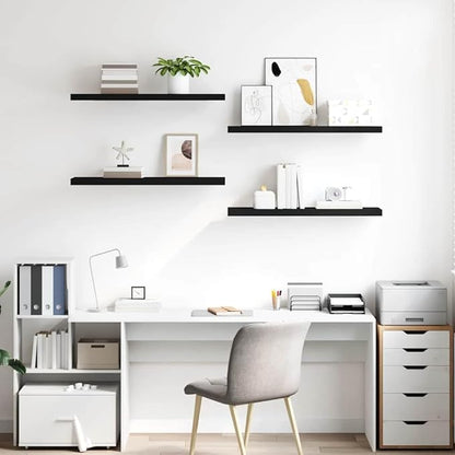 Set of 4 Black Honeycomb MDF and Metal Floating Wall Shelves for Modern Home Office Decor and Display