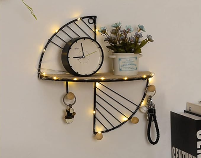 JOSON Bedroom Half Round Wall Mounted Floating Shelf for Bedroom, Living Room, Office Metal Geometric Hanging Shelf (Black)