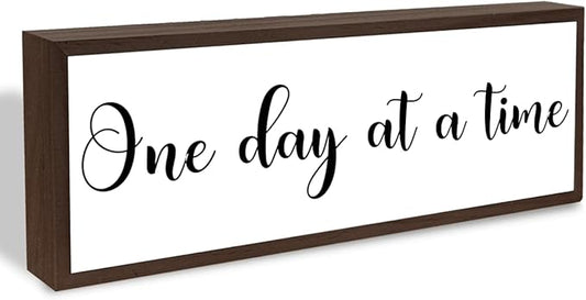 One Day At A Time Sign, Inspirational Wood Decor, Farmhouse Wood Block Sign Desk Decor, Tabletop Decorations for Home Office Cubicle Shelves, Aesthetic Wooden Wall Plaque