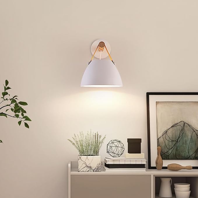Modern White Wall Sconce Wood and Leather Accent Bedside Light Hardwired Minimalist Wall Lamp E26 Base Light Fixture for Bedroom Living Room Hallway Entryway Accent Lighting Scandinavian Style