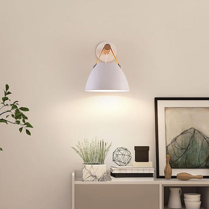 Modern White Wall Sconce Wood and Leather Accent Bedside Light Hardwired Minimalist Wall Lamp E26 Base Light Fixture for Bedroom Living Room Hallway Entryway Accent Lighting Scandinavian Style