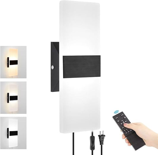 Plug in Wall Sconce with Stepless Adjustable 3000K-6500K Colors and 10%-100% Brightness, 12W Acrylic LED Wall Light with Remote, Hardwire or Plug-in (1 Pack, Black)